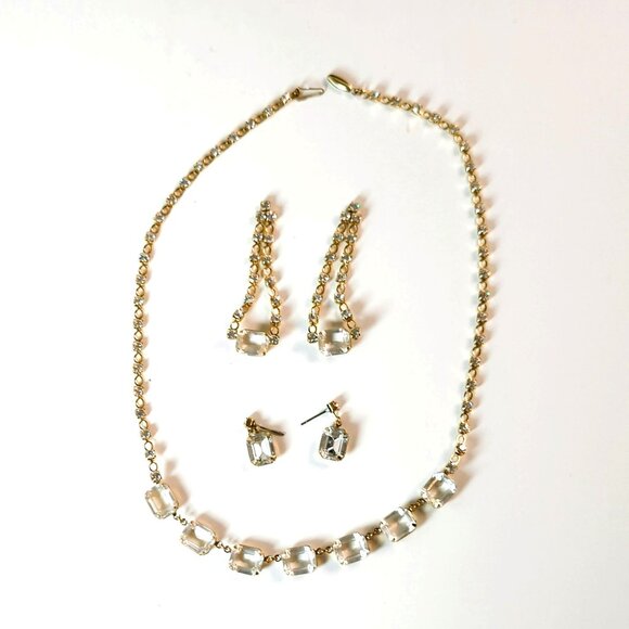 Vintage 14k Gold Filled Necklace & Earrings Set With Clear Faceted Stones - Picture 2 of 9